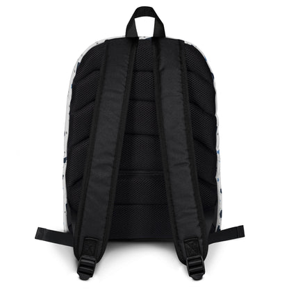 White backpack with all-over navy heart and star pattern-back of the backpack