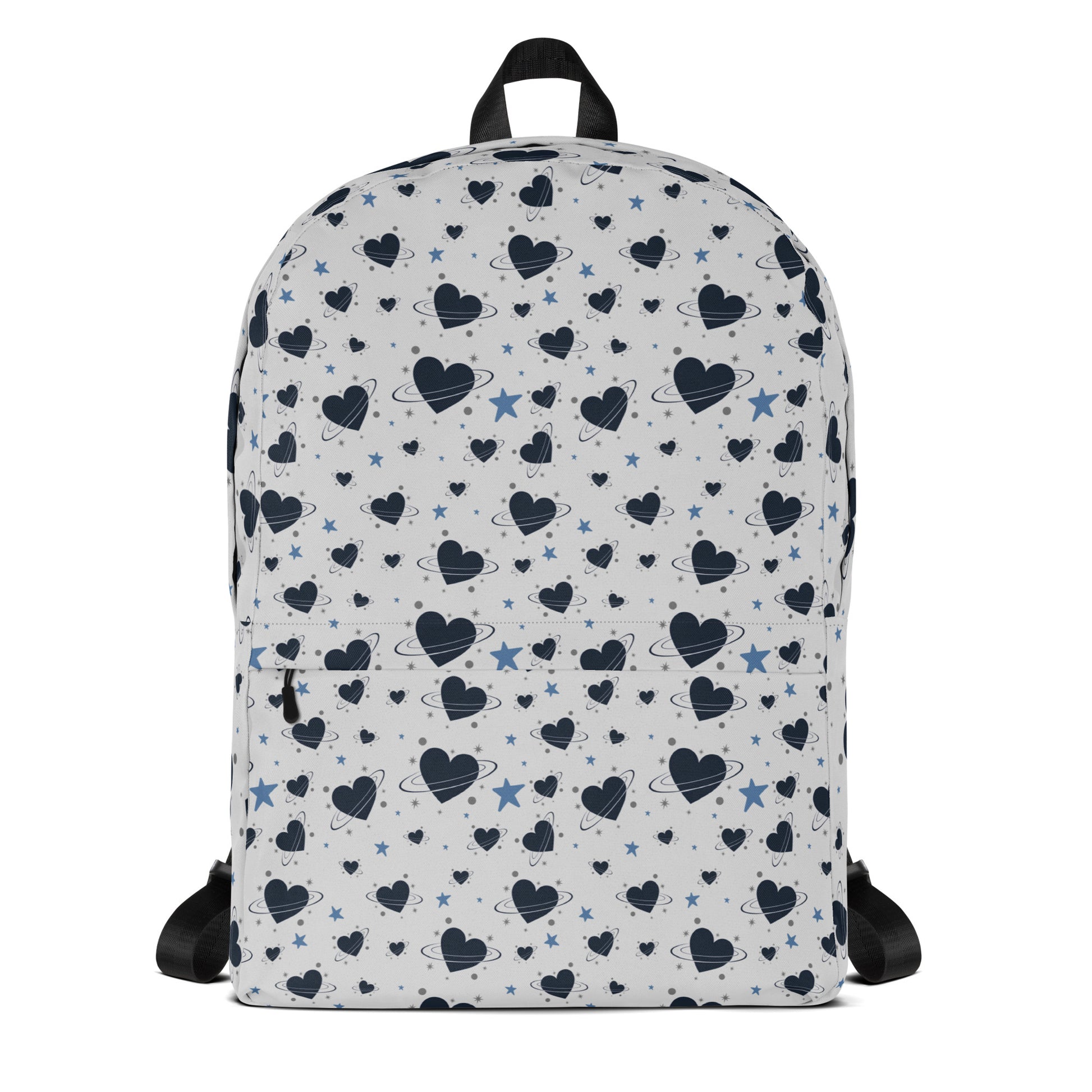 White backpack with all-over navy heart and star pattern, front pocket and visible inside pocket label 