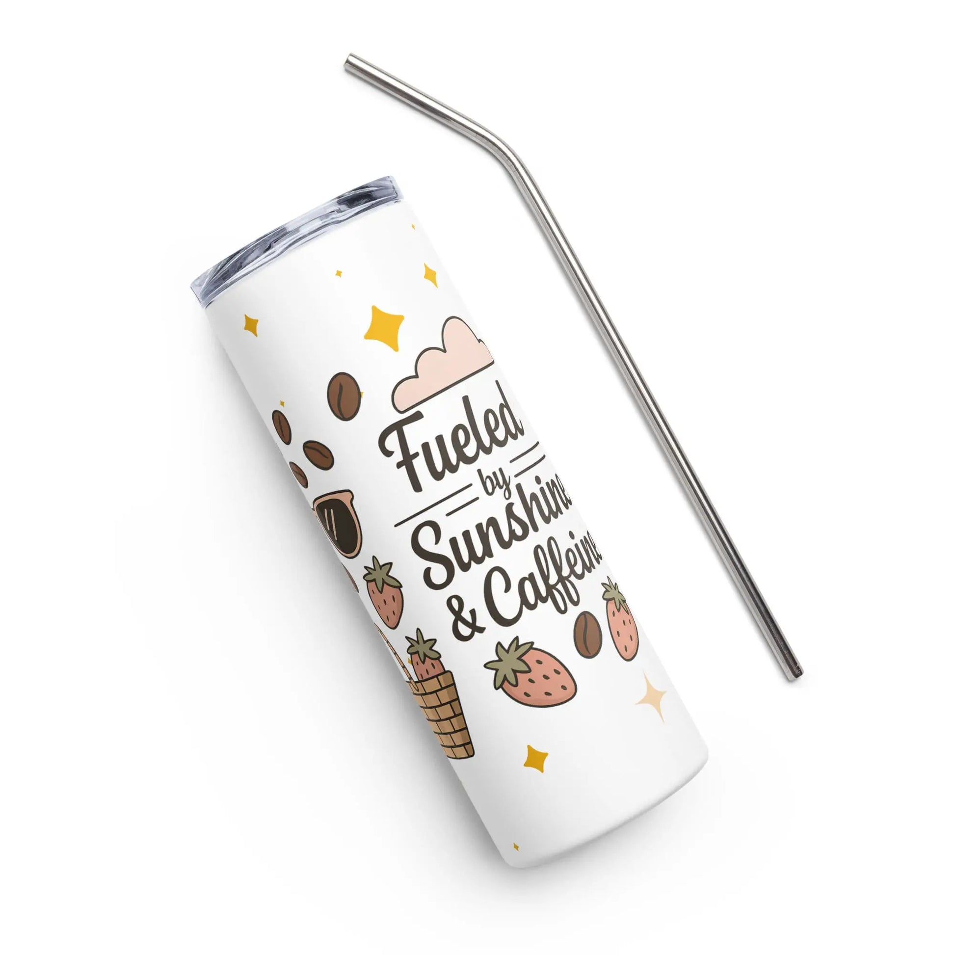 Angled top-down view of a white stainless steel tumbler with metal straw, decorated with ‘Fueled by Sunshine & Caffeine’ quote and cute summer icons.