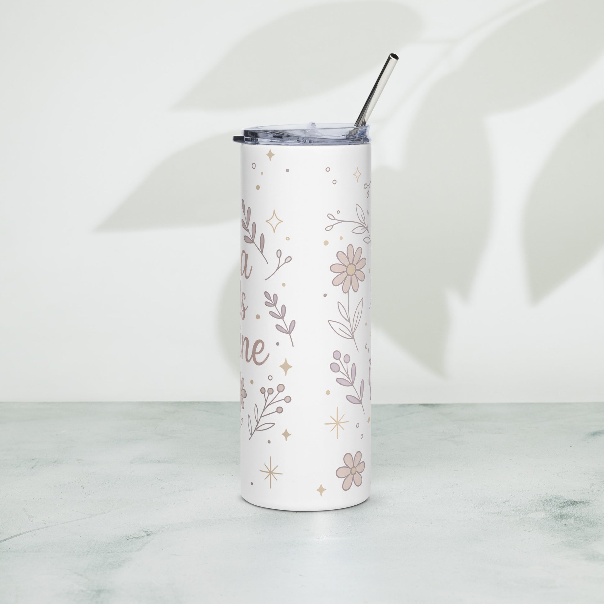 Back view of white floral tumbler with pastel design and summer theme, perfect for moms on the go