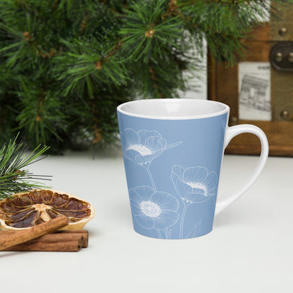 Elegant blue latte mug with white floral design - right side – christmas background