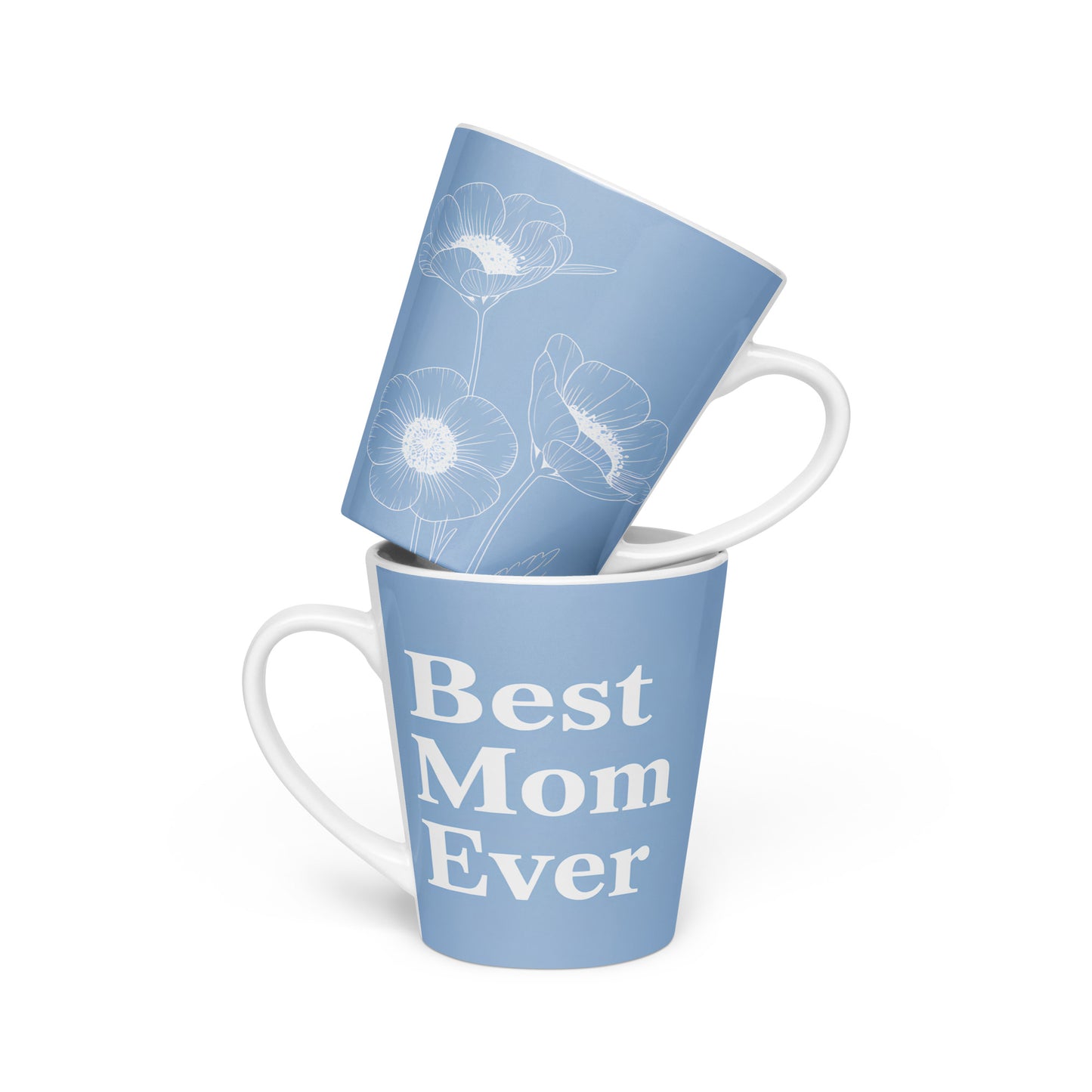 Two Best Mom Ever latte blue mugs stacked –floral and text design