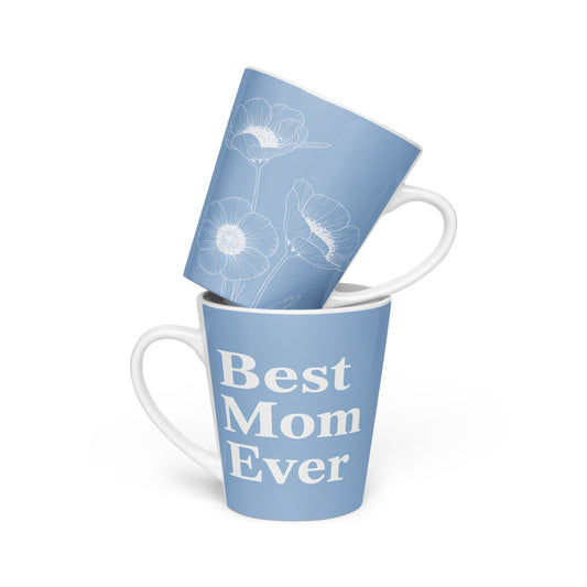 Two Best Mom Ever latte blue mugs stacked –floral and text design