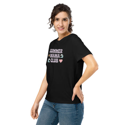 Woman modeling a black “Summer Mama Club” t-shirt with cute wave, sun, and heart graphics in a playful summer vibe.