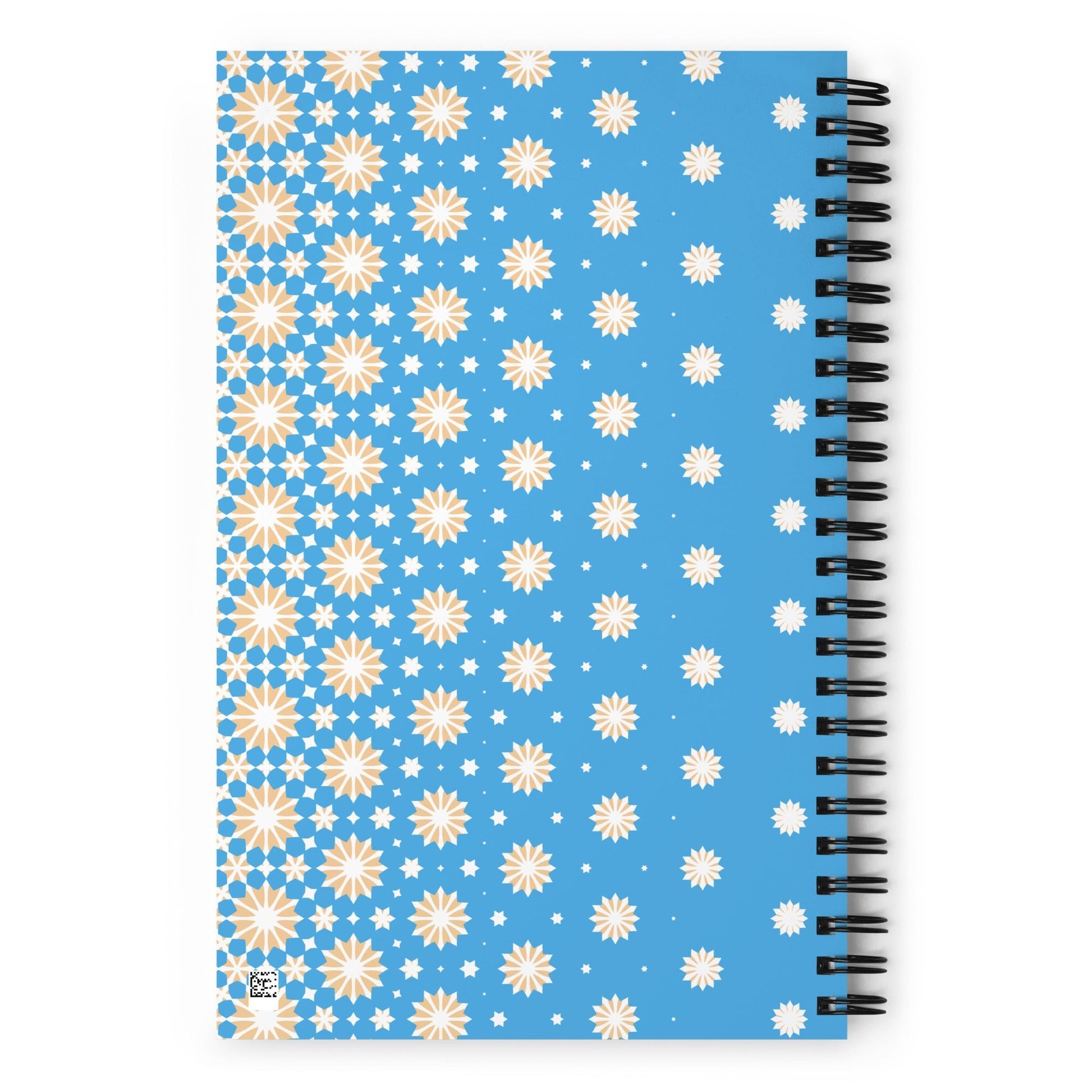Blue spiral notebook with yellow and white stars design back design