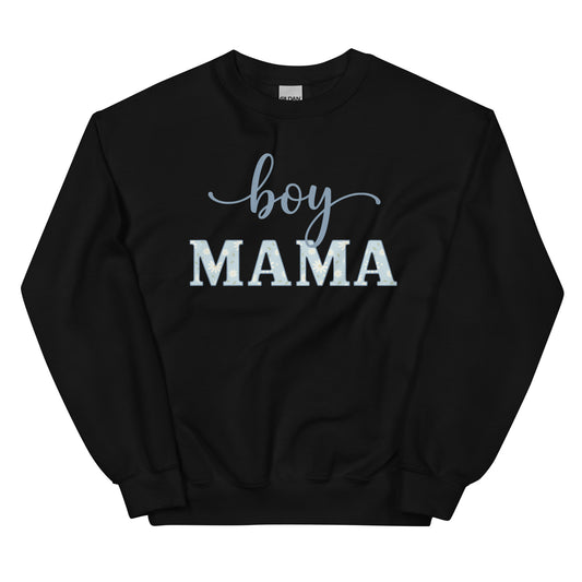 Black Boy Mama sweatshirt flat lay with pastel blue floral lettering on white background