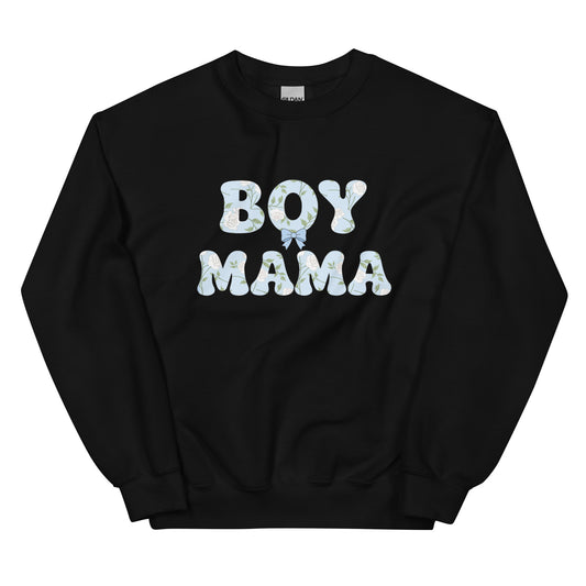 Black Boy Mama sweatshirt with pastel floral bubble letters, flat-lay mockup of cute boy mom crewneck for everyday mom life outfits.