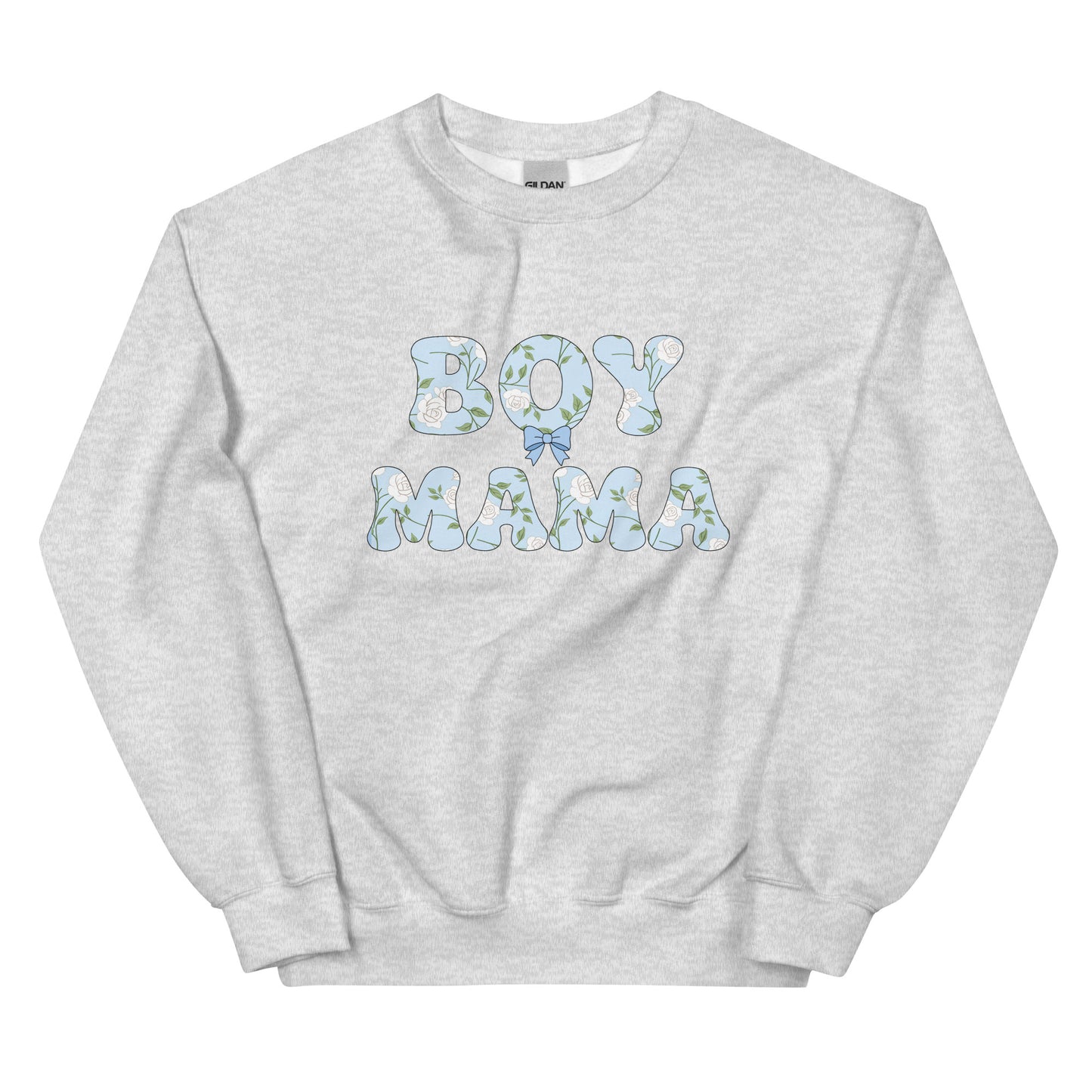 Light Gray Boy Mama sweatshirt with pastel floral bubble letters, flat-lay mockup of cute boy mom crewneck for everyday mom life outfits.