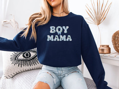 Navy Boy Mama sweatshirt with pastel floral graphic letters, cute boy mom sweater styled for cozy mom life.