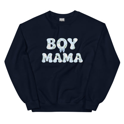 Navy blue Boy Mama sweatshirt with pastel floral bubble letters, flat-lay mockup of cute boy mom crewneck for everyday mom life outfits.