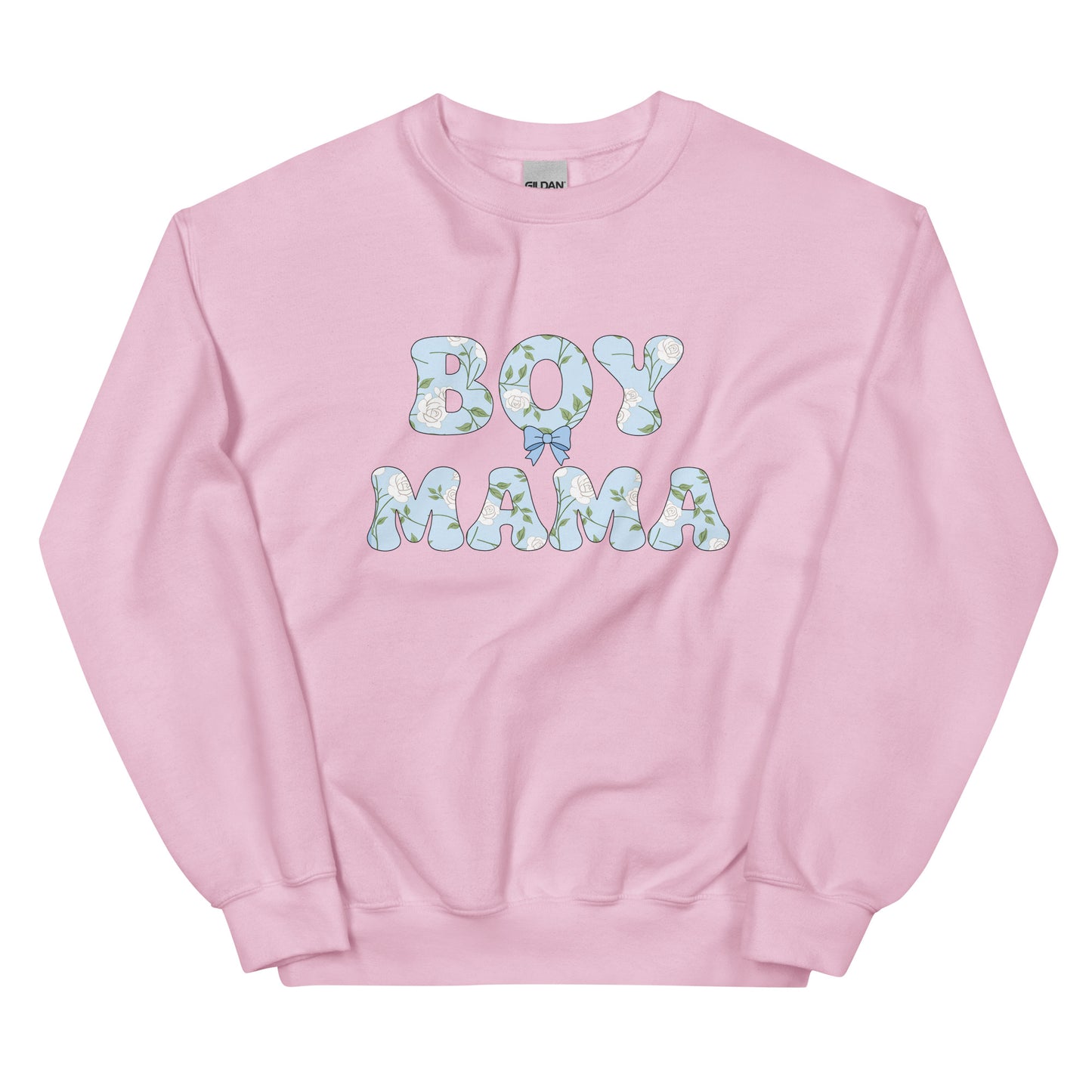 Pink Boy Mama sweatshirt with pastel floral bubble letters, flat-lay mockup of cute boy mom crewneck for everyday mom life outfits.