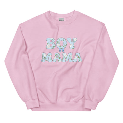 Pink Boy Mama sweatshirt with pastel floral bubble letters, flat-lay mockup of cute boy mom crewneck for everyday mom life outfits.