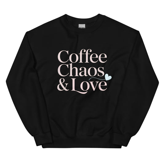 Coffee Chaos & Love sweatshirt flatlay in black, cozy mom life sweater for coffee lovers