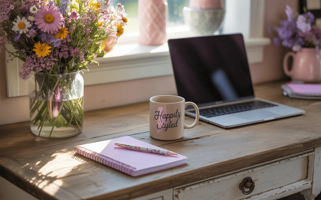 Cozy countryside workspace with a "Happily Styled" coffee mug, pastel pink notepad, floral pen, laptop, and a vase of fresh wildflowers on a rustic wooden desk, bathed in soft natural light