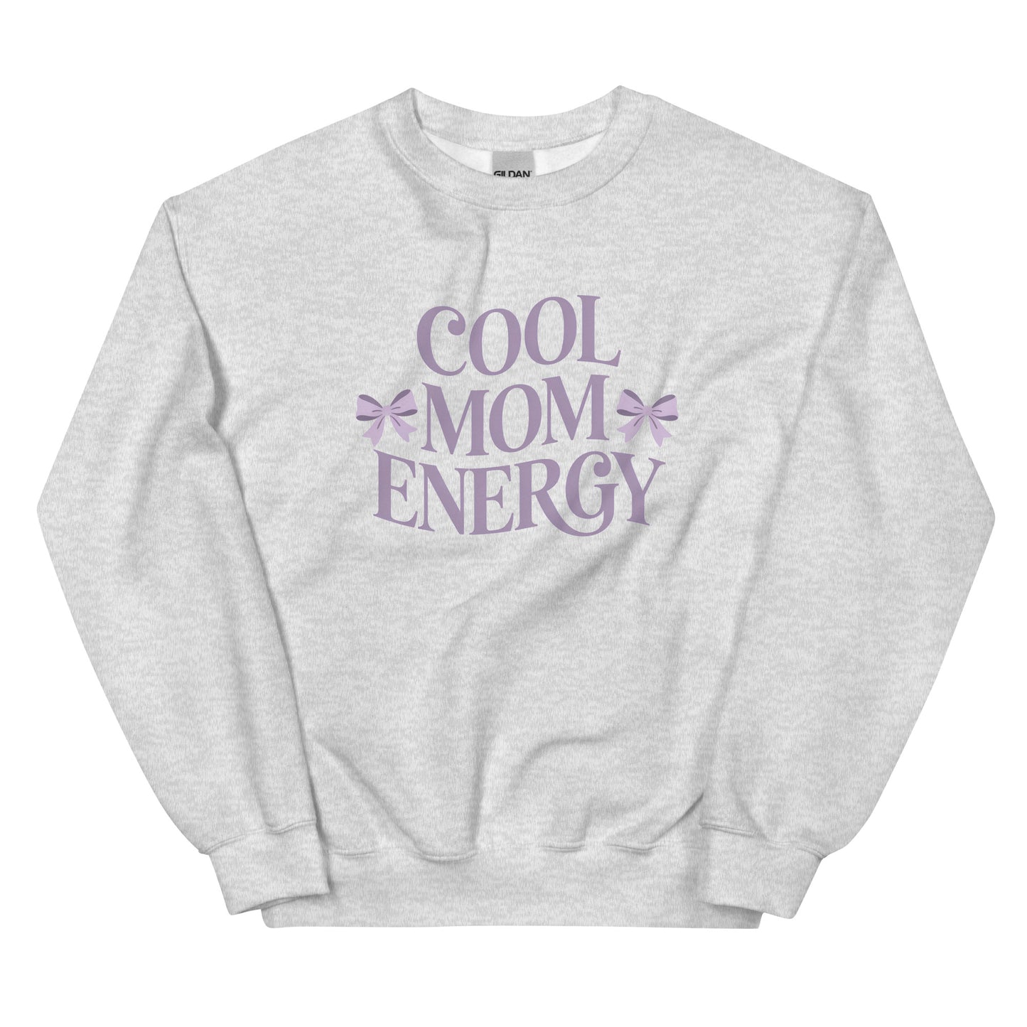 Light grey sweatshirt with “Cool Mom Energy” design displayed flat on a white background