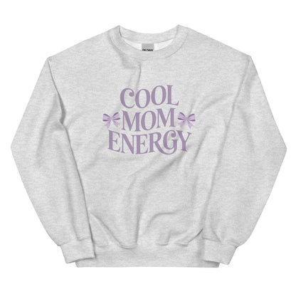 Light grey sweatshirt with “Cool Mom Energy” design displayed flat on a white background