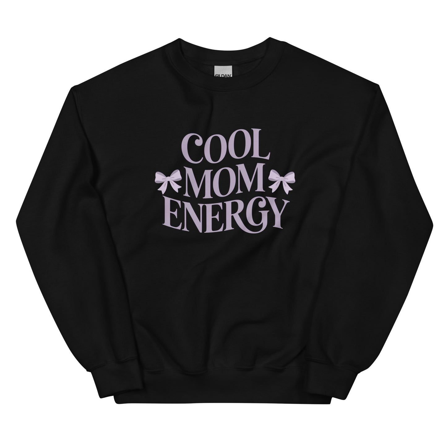 Black sweatshirt with “Cool Mom Energy” design displayed flat on a white background