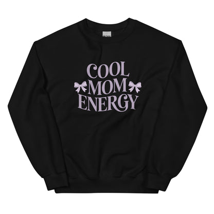 Black sweatshirt with “Cool Mom Energy” design displayed flat on a white background