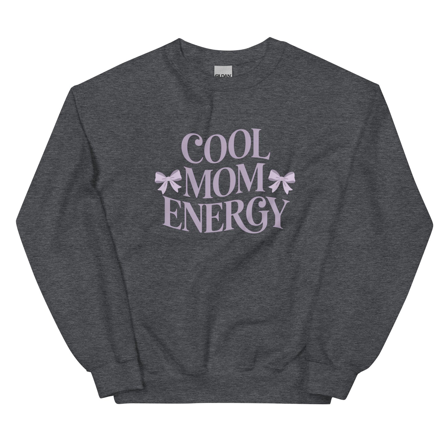 Sport grey sweatshirt with “Cool Mom Energy” design displayed flat on a white background