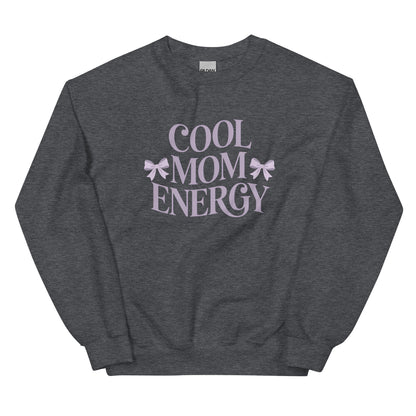 Sport grey sweatshirt with “Cool Mom Energy” design displayed flat on a white background