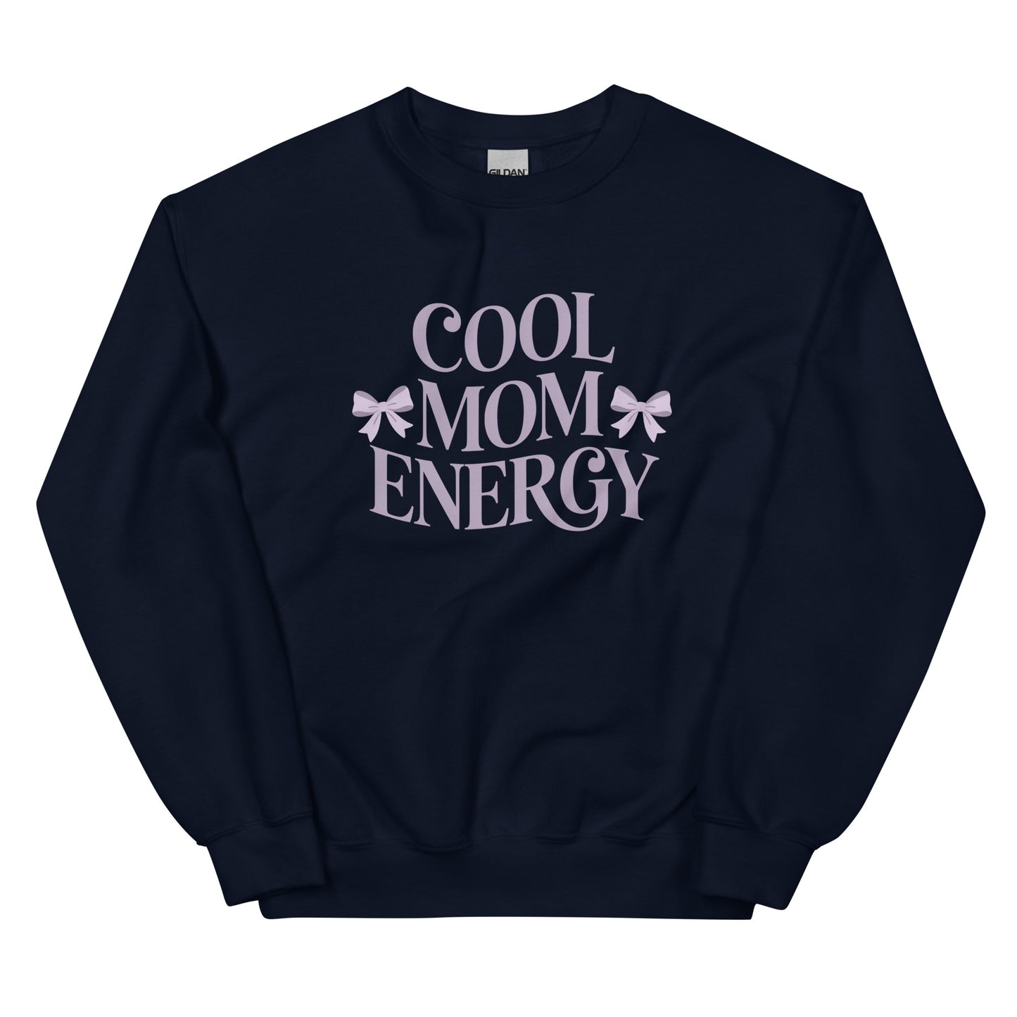 Navy sweatshirt with “Cool Mom Energy” design displayed flat on a white background