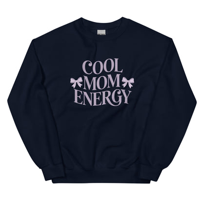 Navy sweatshirt with “Cool Mom Energy” design displayed flat on a white background
