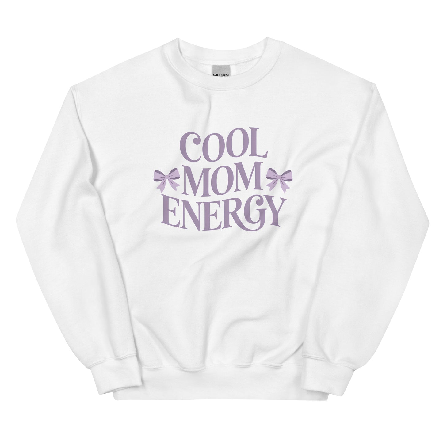 White sweatshirt with “Cool Mom Energy” design displayed flat on a white background