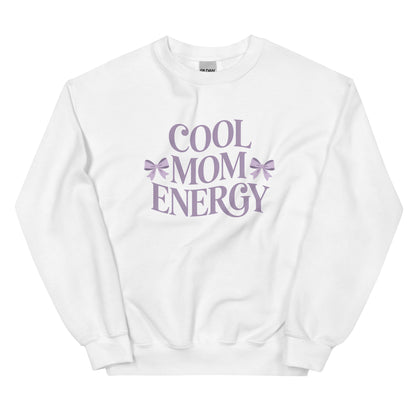 White sweatshirt with “Cool Mom Energy” design displayed flat on a white background