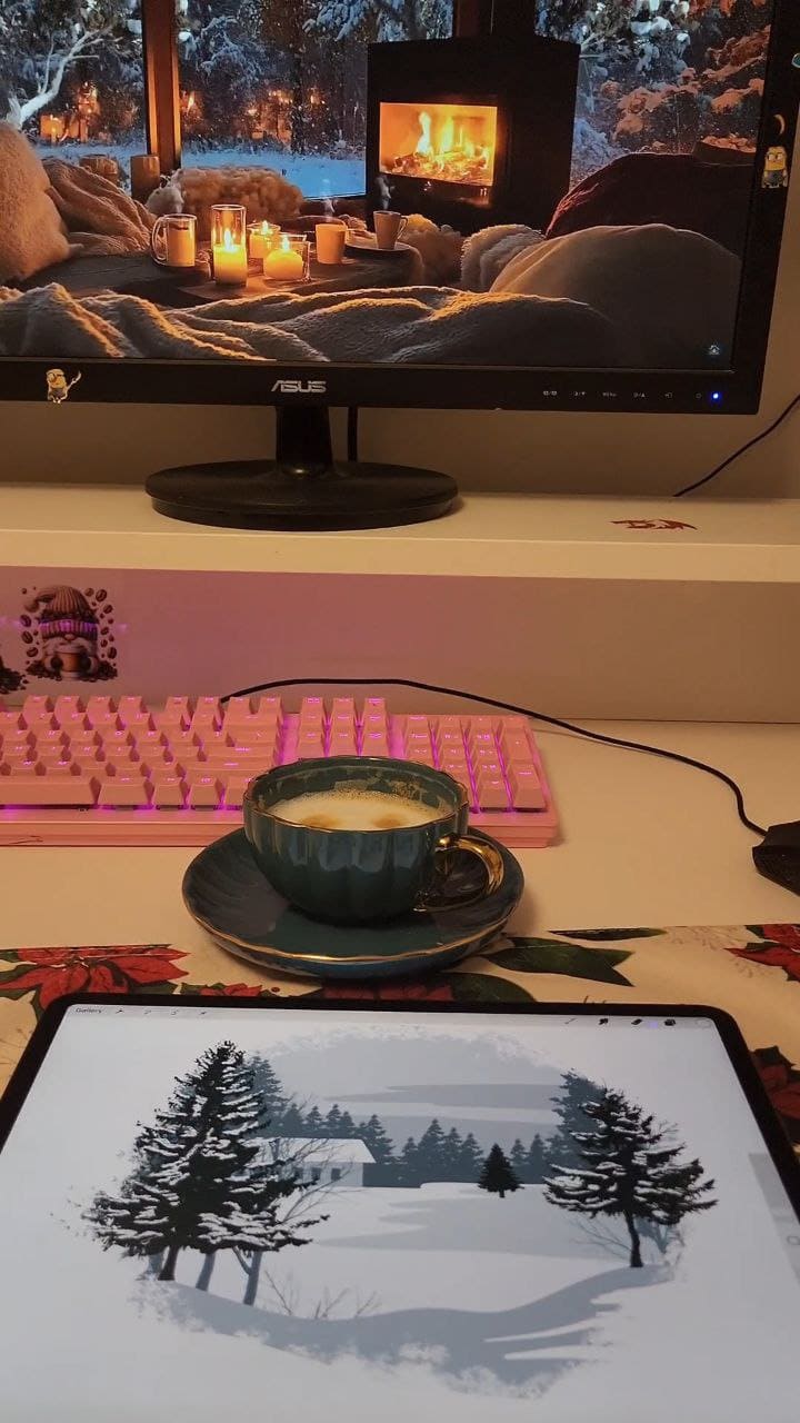 Hot Coffee and Cozy Digital Workspace - Winter Theme