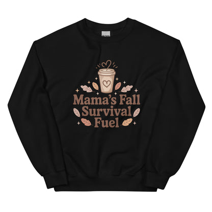 Black sweatshirt with 'Mama's Fall Survival Fuel' text and graphic on a white background