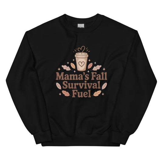 Black sweatshirt with 'Mama's Fall Survival Fuel' text and graphic on a white background