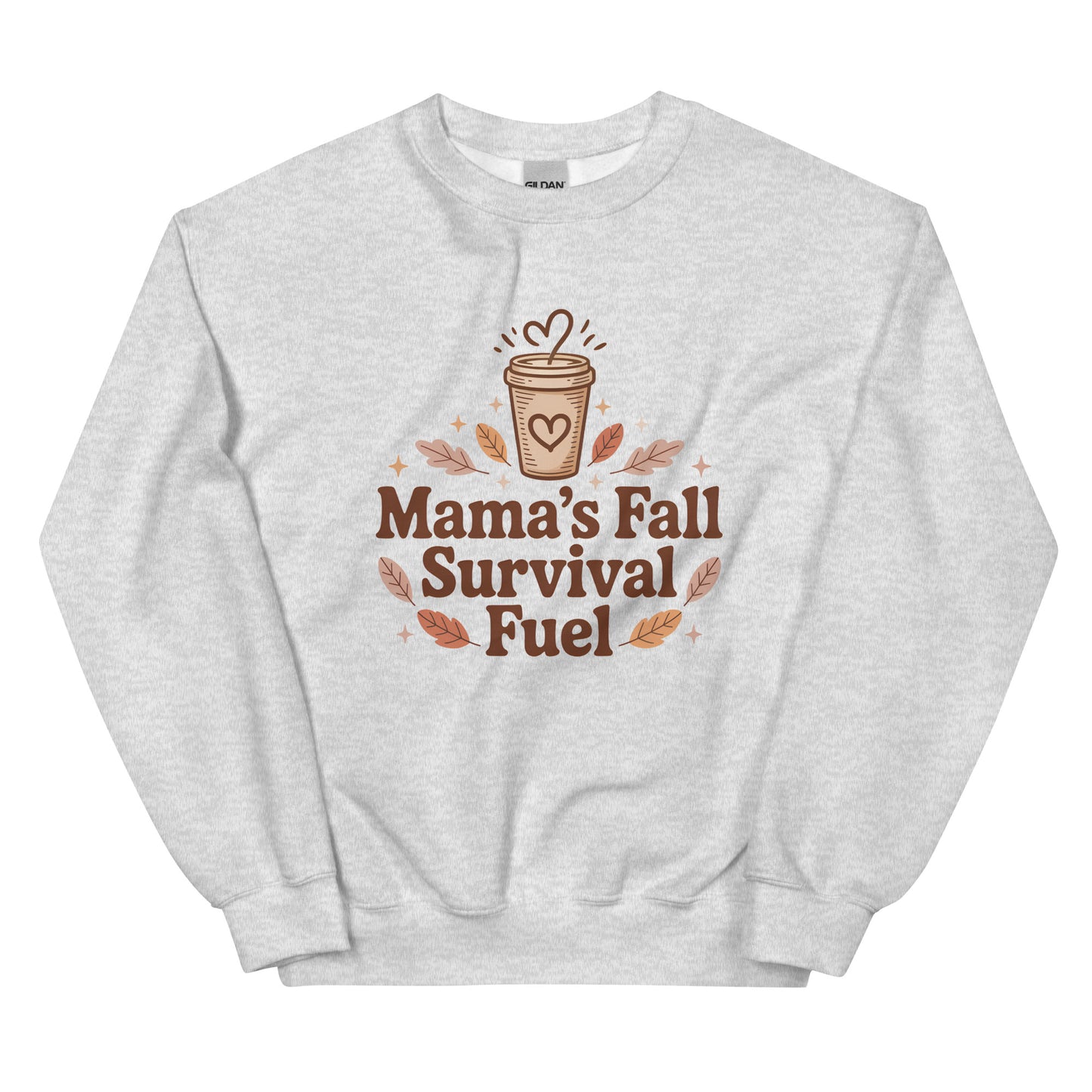 Gray sweatshirt with 'Mama's Fall Survival Fuel' design on a white background