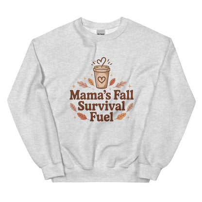 Gray sweatshirt with 'Mama's Fall Survival Fuel' design on a white background