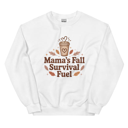 White sweatshirt with 'Mama's Fall Survival Fuel' text and coffee cup graphic on a white background
