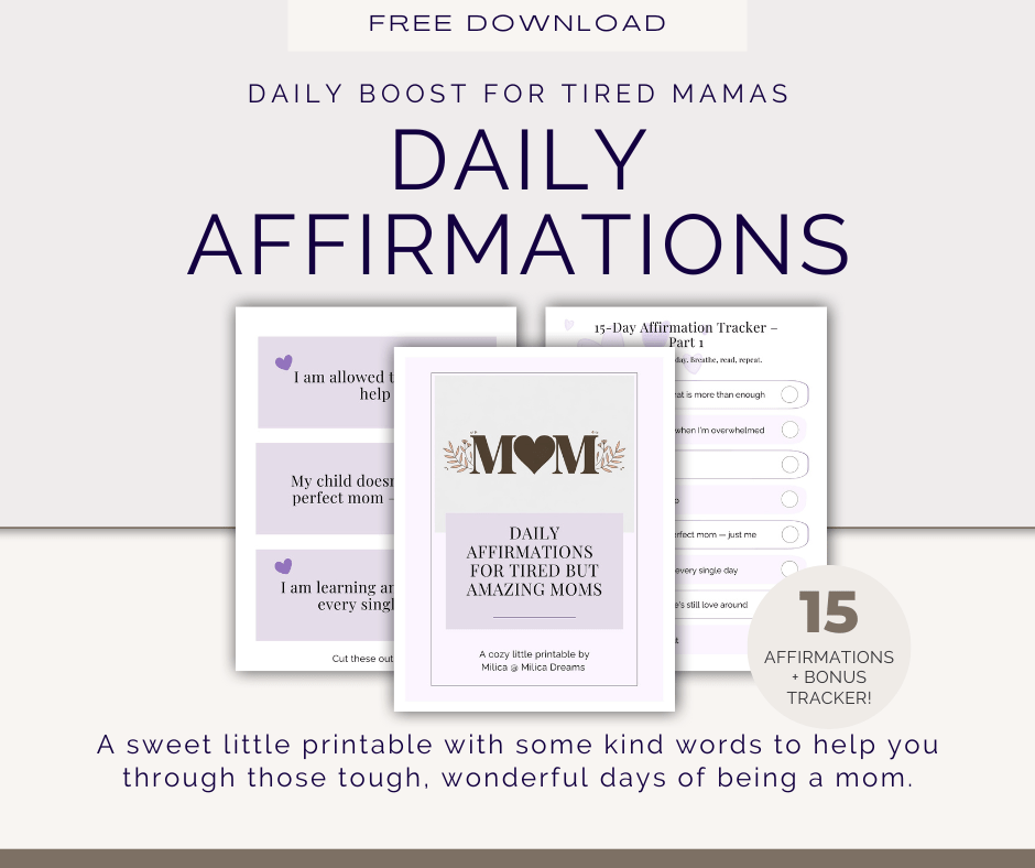 Free daily affirmations printable for moms with 15 encouragement cards and tracker in soft pastel design — PDF preview from Happily Styled