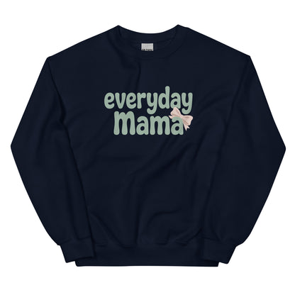 Flat lay of navy Everyday Mama sweatshirt featuring green lettering and pink bow graphic