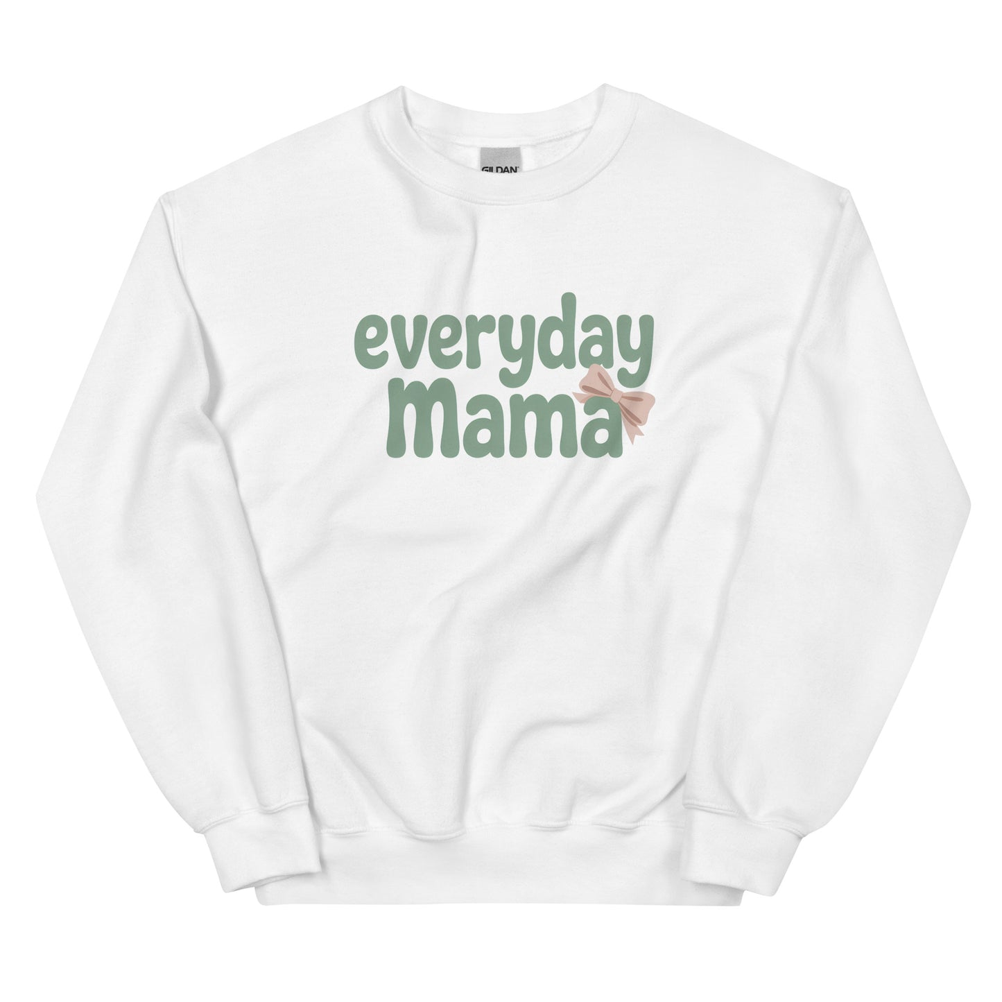 Flat lay of white Everyday Mama sweatshirt with green bubble letters and soft pink bow.