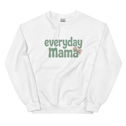 Flat lay of white Everyday Mama sweatshirt with green bubble letters and soft pink bow.
