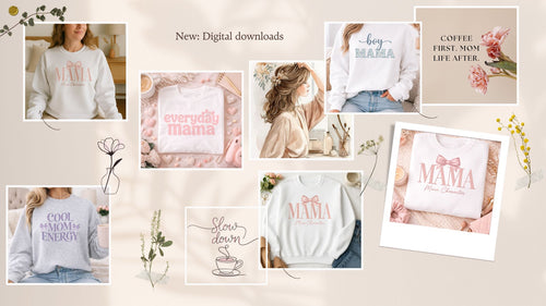 Collage of sweatshirts with 'MAMA' text and other designs on a light background.