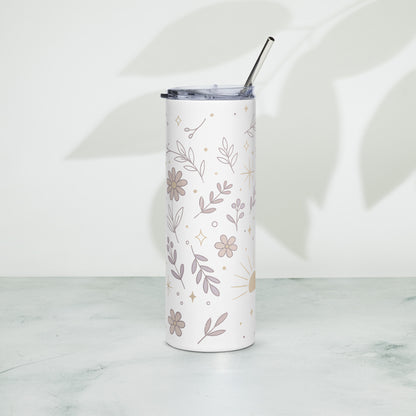 Right side view of floral summer tumbler with pastel doodles and sun illustration, designed for moms