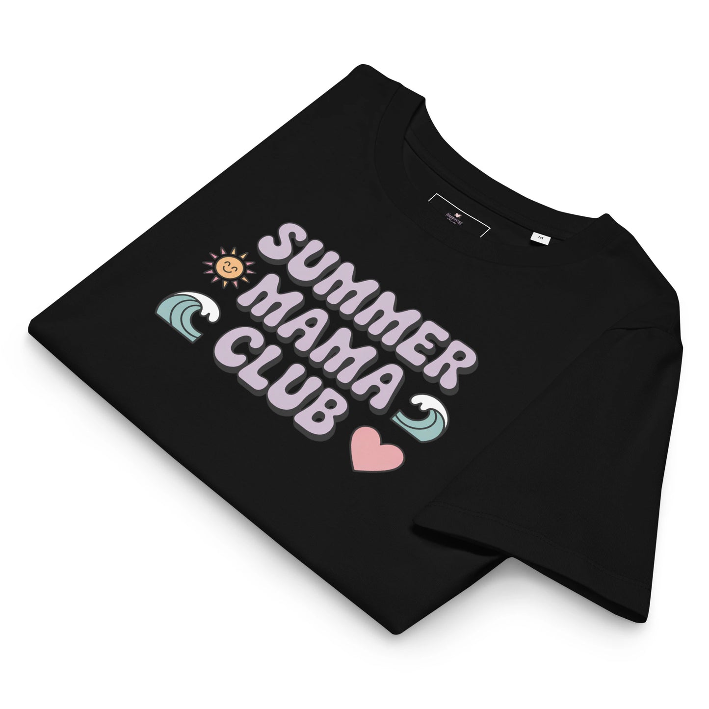 Folded black t-shirt with pastel "Summer Mama Club" design featuring waves, sun, and heart icons, displayed on white background.