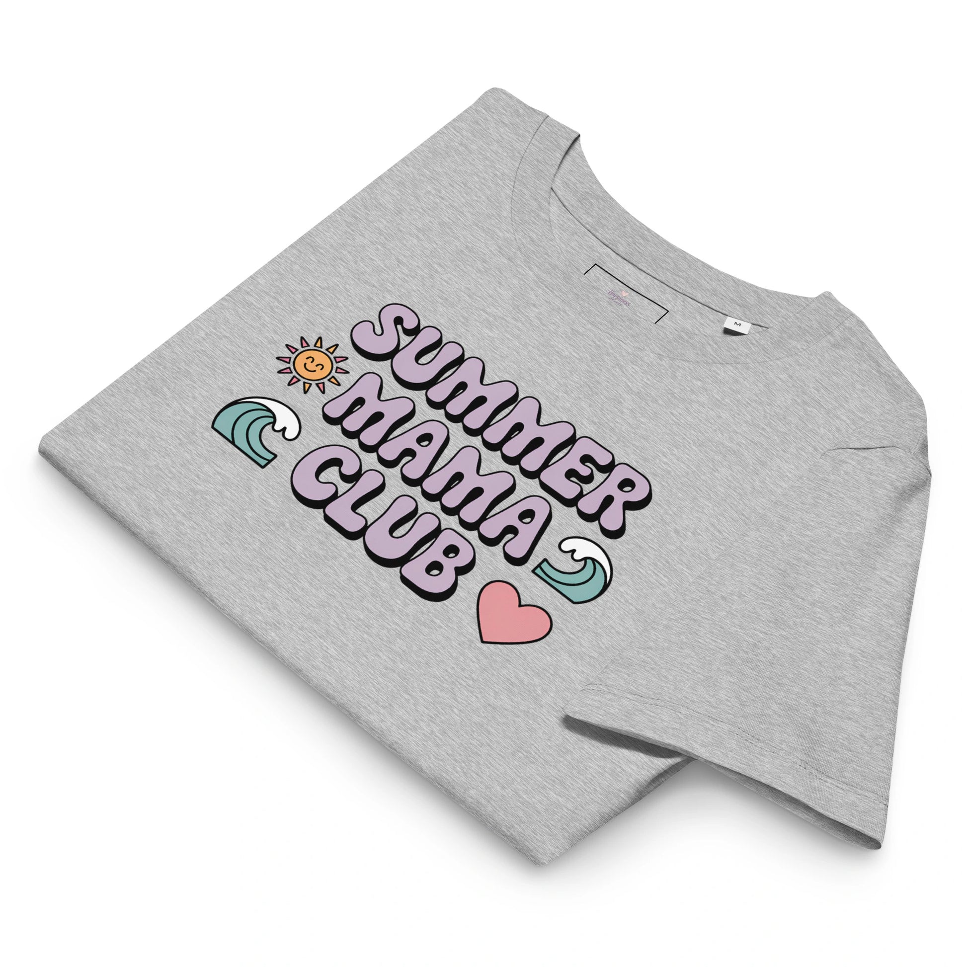 Folded heather grey t-shirt with pastel "Summer Mama Club" design featuring waves, sun, and heart icons, displayed on white background.
