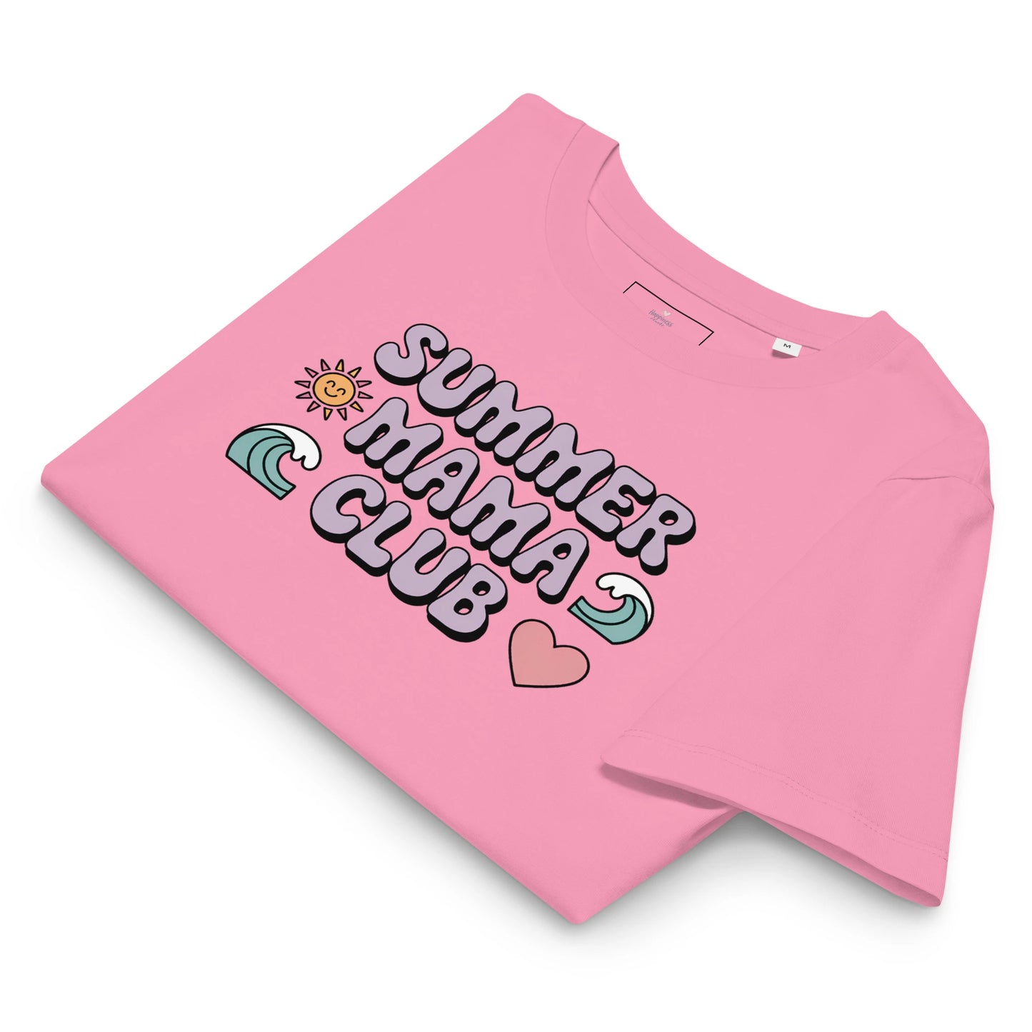 Folded pink t-shirt with pastel "Summer Mama Club" design featuring waves, sun, and heart icons, displayed on white background.