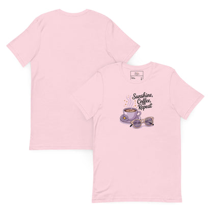 Front and back view of summer pink color t-shirt featuring whimsical pastel coffee and glasses design for moms who love sunny vibes