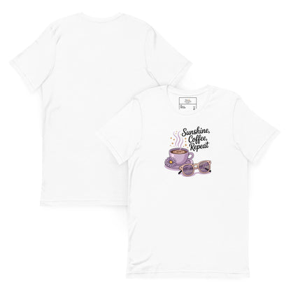 Front and back view of summer white color t-shirt featuring whimsical pastel coffee and glasses design for moms who love sunny vibes