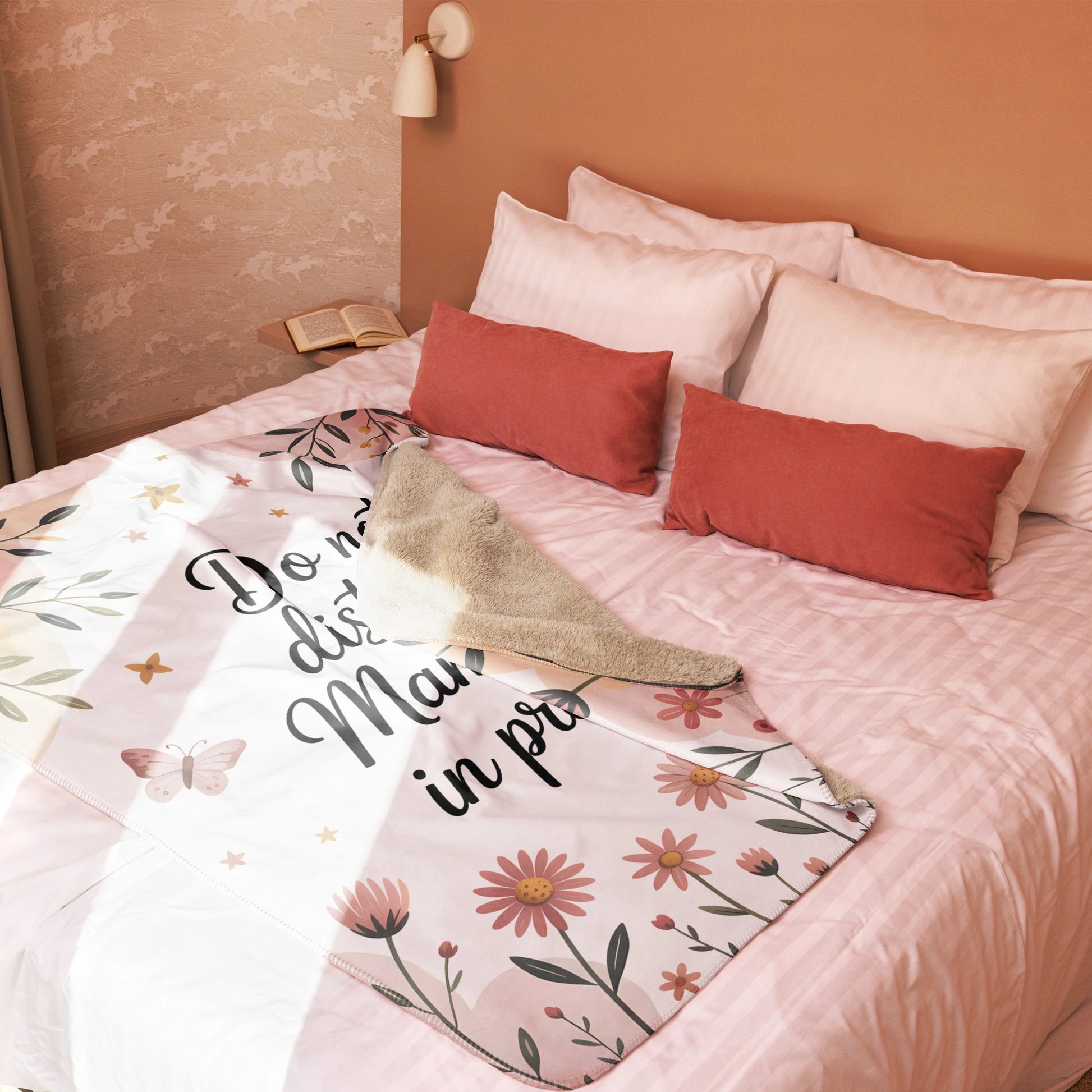 “Mama nap in progress” blanket on blush-toned bed, cozy pastel floral decor style-medium blanket.