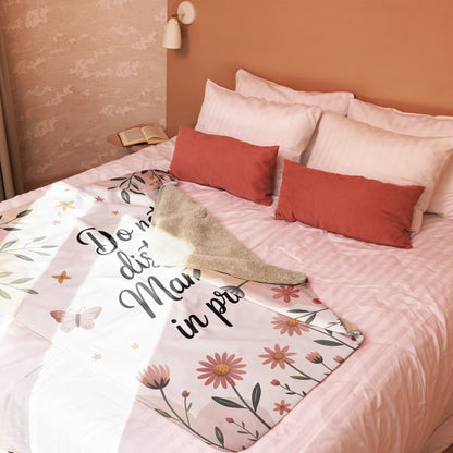 “Mama nap in progress” blanket on blush-toned bed, cozy pastel floral decor style-medium blanket.