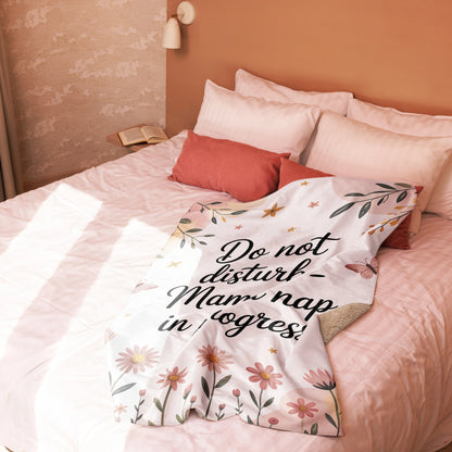 “Mama nap in progress” blanket on blush-toned bed, cozy pastel floral decor style-small blanket.