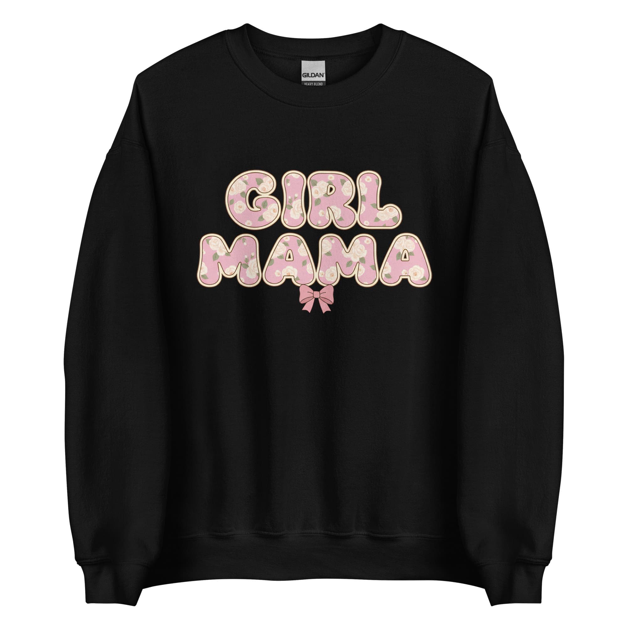 Black sweatshirt with 'Girl Mama' text in pink floral letters on a white background