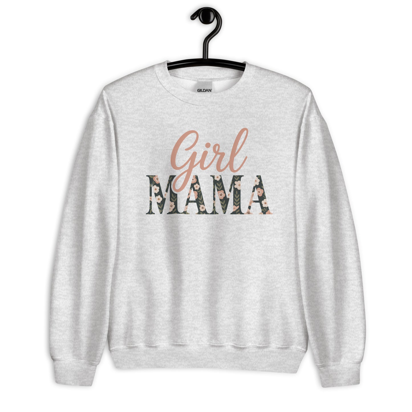 Girl Mama floral sweatshirt in ash grey on hanger – minimalist floral mom sweater mockup